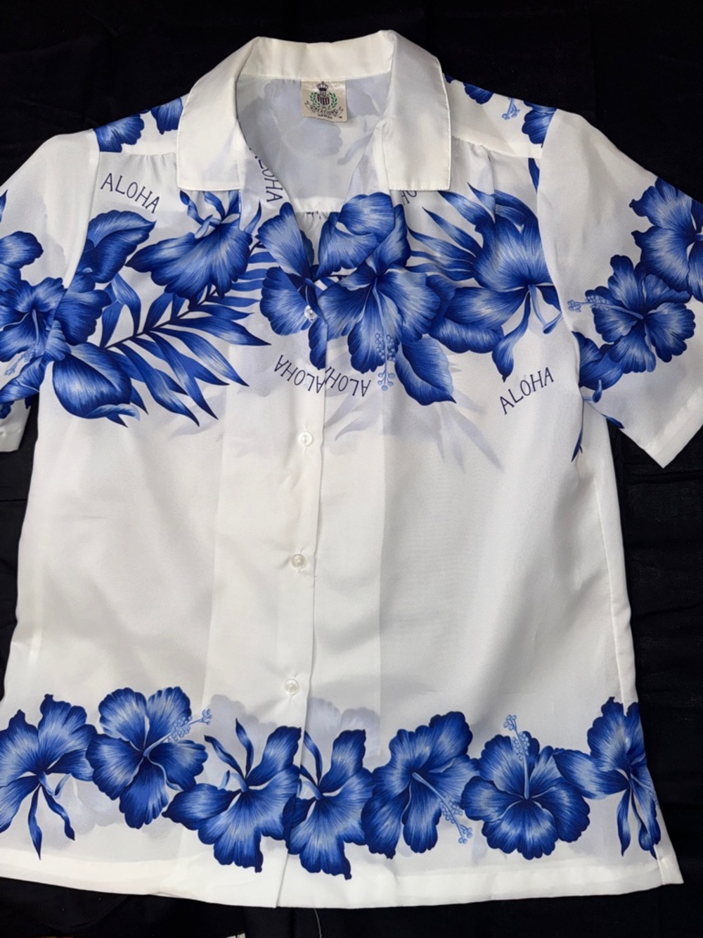 80s Hawaiian White & Blue Aloha Floral Button-Down Shirt - Picture 1 of 4